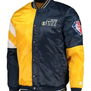 75th Anniversary Leader Utah Jazz Satin Color Block Blue and Yellow Jacket
