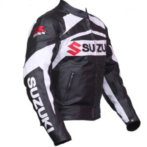 Black And White Suzuki Motorbike Leather Jacket
