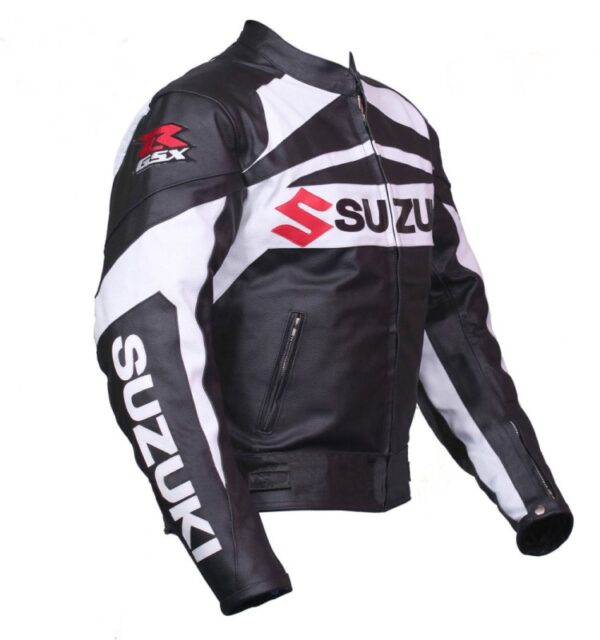 Black And White Suzuki Motorbike Leather Jacket