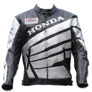 Honda Motorcycle Sports Leather Jacket Silver & White