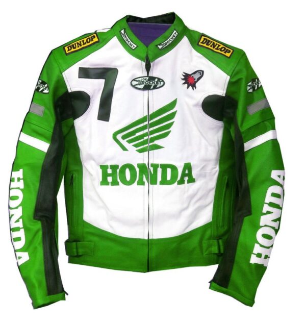 Honda Motorbike Cowhide Leather Jacket Green & White