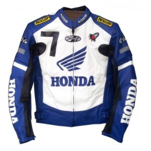 Honda Motorcycle Racing Cowhide Leather Jacket Blue & White