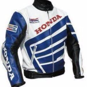 White and Blue HRC HONDA Motorcycle Cowhide Leather Jacket